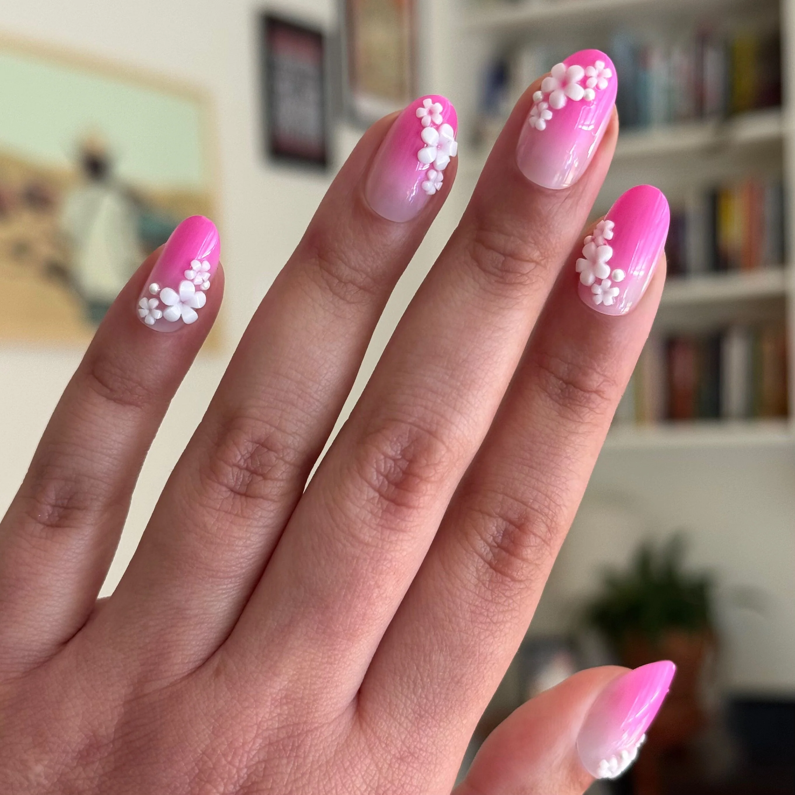 Pink Ombre with Flower Gems - Press On | Medium | Oval - Image 5